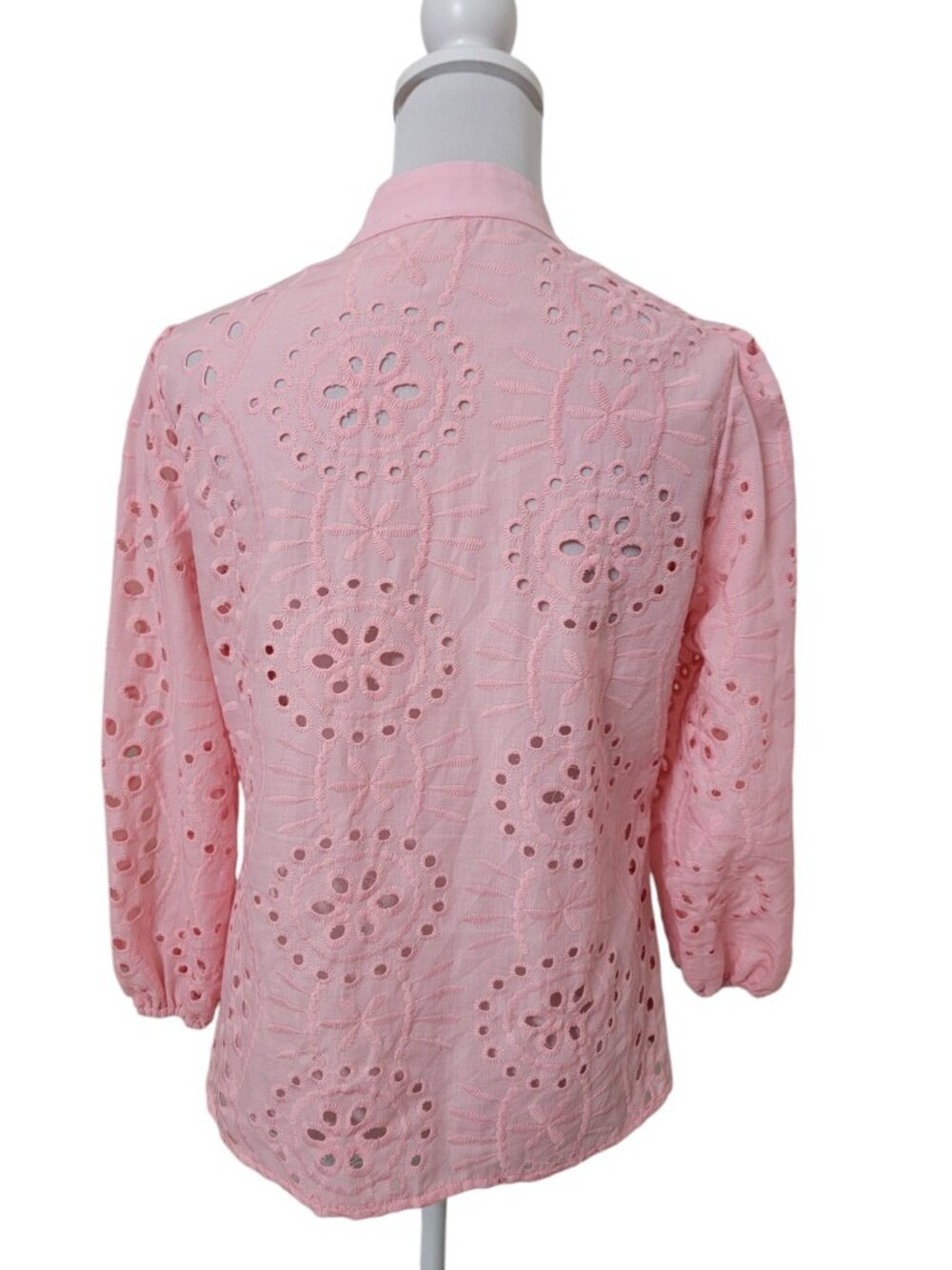 SHEIN Size S (4) Pink Hollow Out Embroidered Collared Button Down Eyelet Shirt - Picture 4 of 10